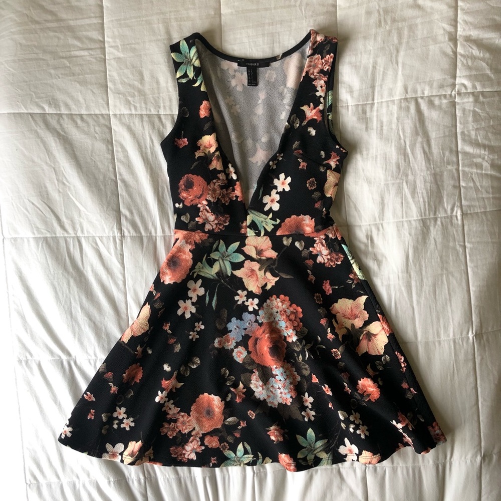 Deep V-Neck black dress with floral pattern